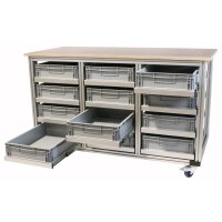 Mobile Werkbank mit Arbeitsplatte und Euroboxen im...