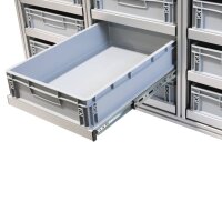 Mobile Werkbank mit Arbeitsplatte und Euroboxen im Vollauszug (Schubladen)